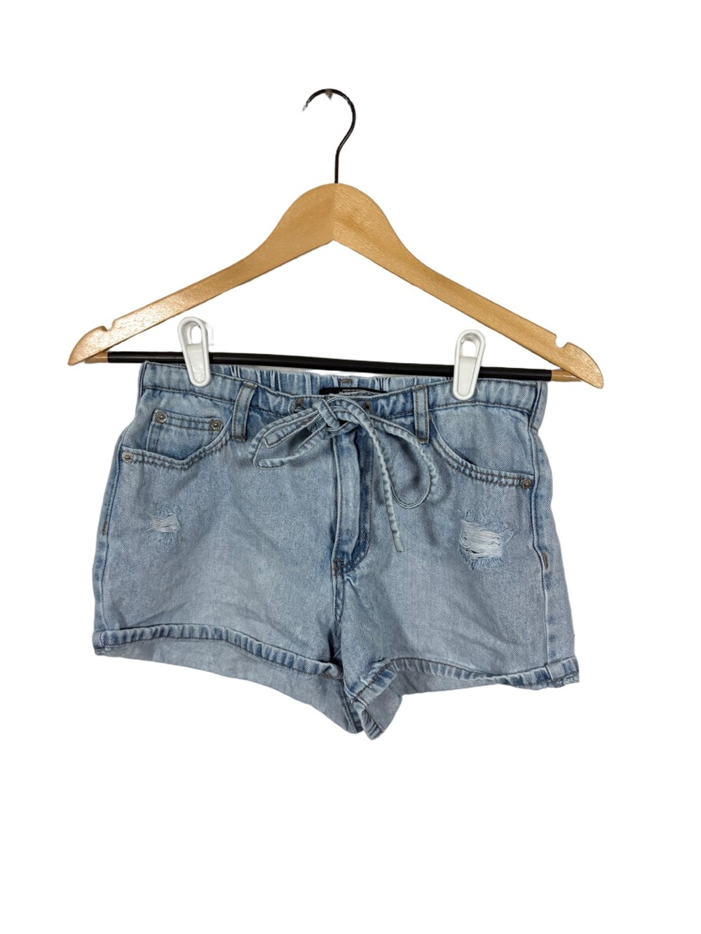 Rewash Womens 1/25 Light Wash Distressed Denim Shorts Tie Waist Cuffed